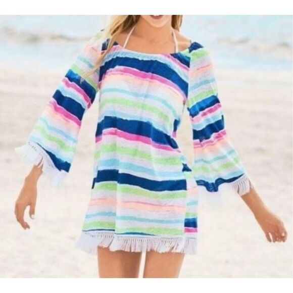 Lilly Pulitzer Getaway Cover Up Off the Shoulder Cats Meow Stripe Size S - Picture 1 of 6
